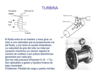 TURBINA
El fluido entra en el medidor y hace girar un
rotor a una velocidad que es proporcional a la
del fluido, y por tanto al caudal instantáneo.
La velocidad de giro del rotor se mide por
conexión mecánica (un sensor registra el
número de vueltas) o por pulsos electrónicos
generados por cada giro.
Son los más precisos (Precisión 0.15 - 1 %).
Son aplicables a gases y líquidos limpios de
baja viscosidad.
Problemas: Pérdida de carga y partes móviles
 