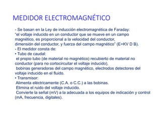 MEDIDOR ELECTROMAGNÉTICO
- Se basan en la Ley de inducción electromagnética de Faraday:
“el voltaje inducido en un conductor que se mueve en un campo
magnético, es proporcional a la velocidad del conductor,
dimensión del conductor, y fuerza del campo magnético” (E=KV D B).
- El medidor consta de:
• Tubo de caudal:
el propio tubo (de material no magnético) recubierto de material no
conductor (para no cortocircuitar el voltaje inducido),
bobinas generadoras del campo magnético, electrodos detectores del
voltaje inducido en el fluido.
• Transmisor:
Alimenta eléctricamente (C.A. o C.C.) a las bobinas.
Elimina el ruido del voltaje inducido.
Convierte la señal (mV) a la adecuada a los equipos de indicación y control
(mA, frecuencia, digitales).
 