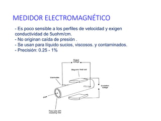 MEDIDOR ELECTROMAGNÉTICO
- Es poco sensible a los perfiles de velocidad y exigen
conductividad de 5uohm/cm.
- No originan caída de presión .
- Se usan para líquido sucios, viscosos. y contaminados.
- Precisión: 0.25 - 1%
 