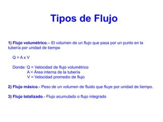 1) Flujo volumétrico.– El volumen de un flujo que pasa por un punto en la
tubería por unidad de tiempo
Q = A x V
Donde: Q = Velocidad de flujo volumétrico
A = Área interna de la tubería
V = Velocidad promedio de flujo
2) Flujo másico.- Peso de un volumen de fluido que fluye por unidad de tiempo.
3) Flujo totalizado.- Flujo acumulado o flujo integrado
Tipos de Flujo
 