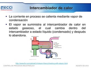 Intercambiador de calor

   La corriente en proceso se calienta mediante vapor de
    condensación
   El vapor se suministra al intercambiador de calor en
    estado gaseoso, el cual cambia dentro del
    intercambiador a estado líquido (condensado) y después
    lo abandona.




             http://www.tlv.com/global/LA/steam-theory/heating-with-steam.html
CONTROL DE PROCESOS INDUSTRIALES I                                               AGOSTO DE 2012
 