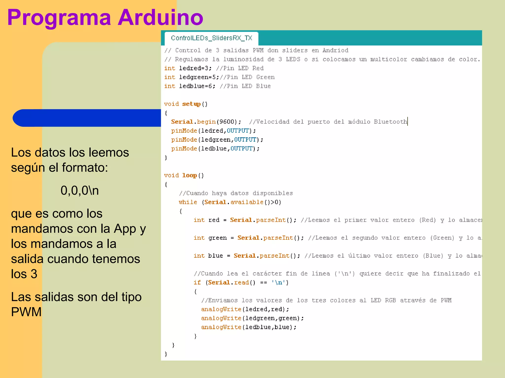 Programa Arduino
Los datos los leemos
según el formato:
0,0,0n
que es como los
mandamos con la App y
los mandamos a la
salida cuando tenemos
los 3
Las salidas son del tipo
PWM
 