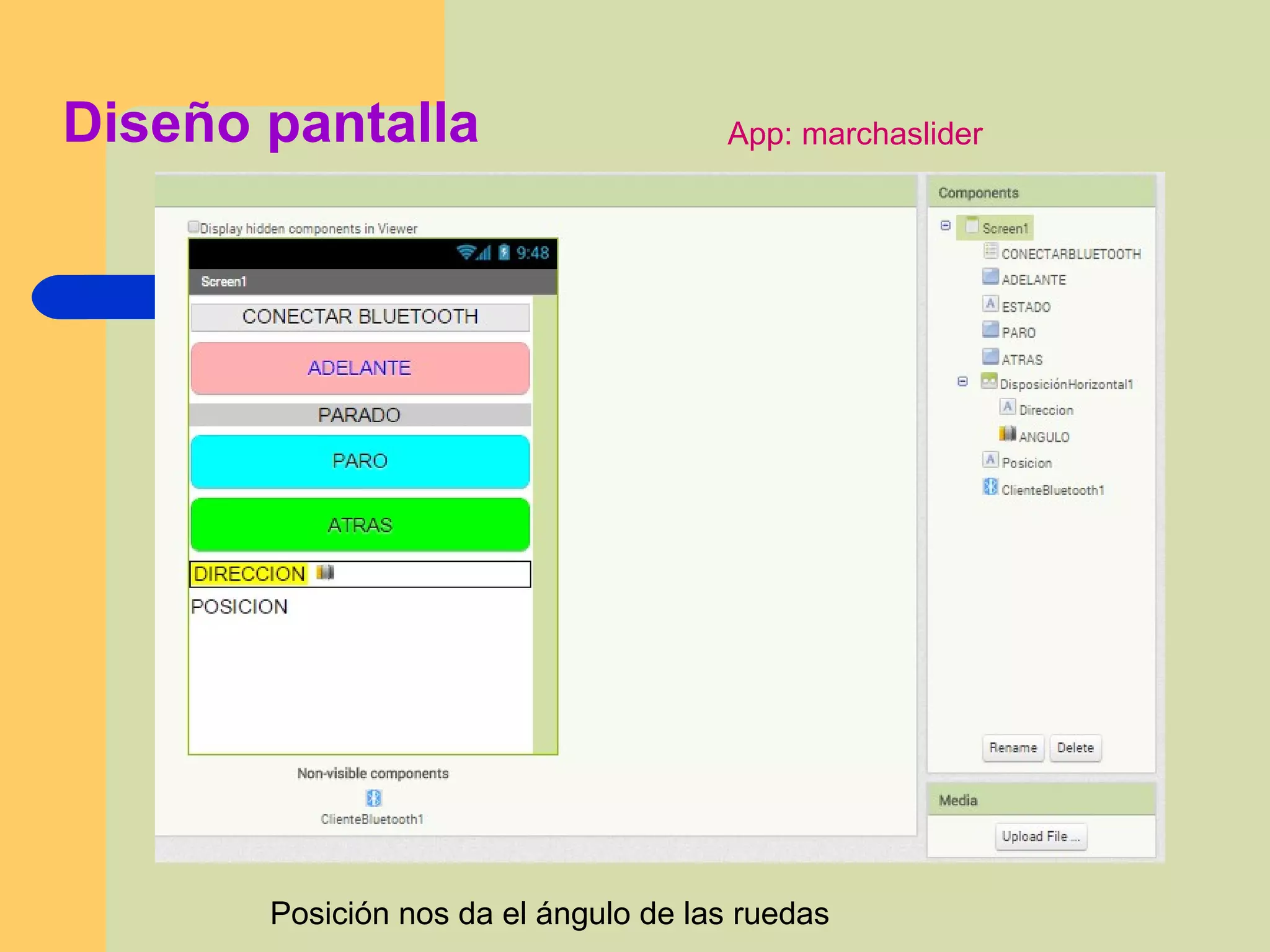 Diseño pantalla App: marchaslider
Posición nos da el ángulo de las ruedas
 