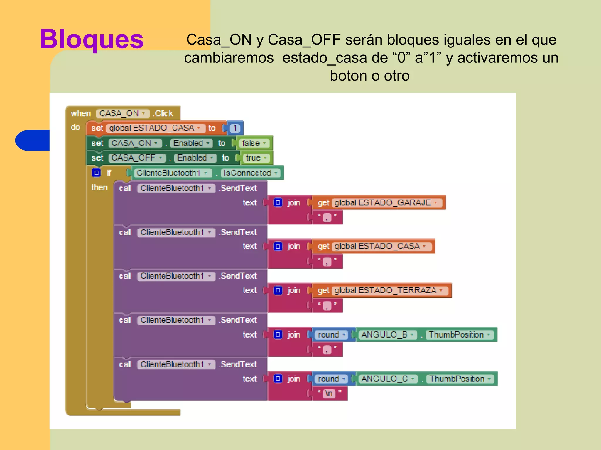 Bloques Casa_ON y Casa_OFF serán bloques iguales en el que
cambiaremos estado_casa de “0” a”1” y activaremos un
boton o otro
 