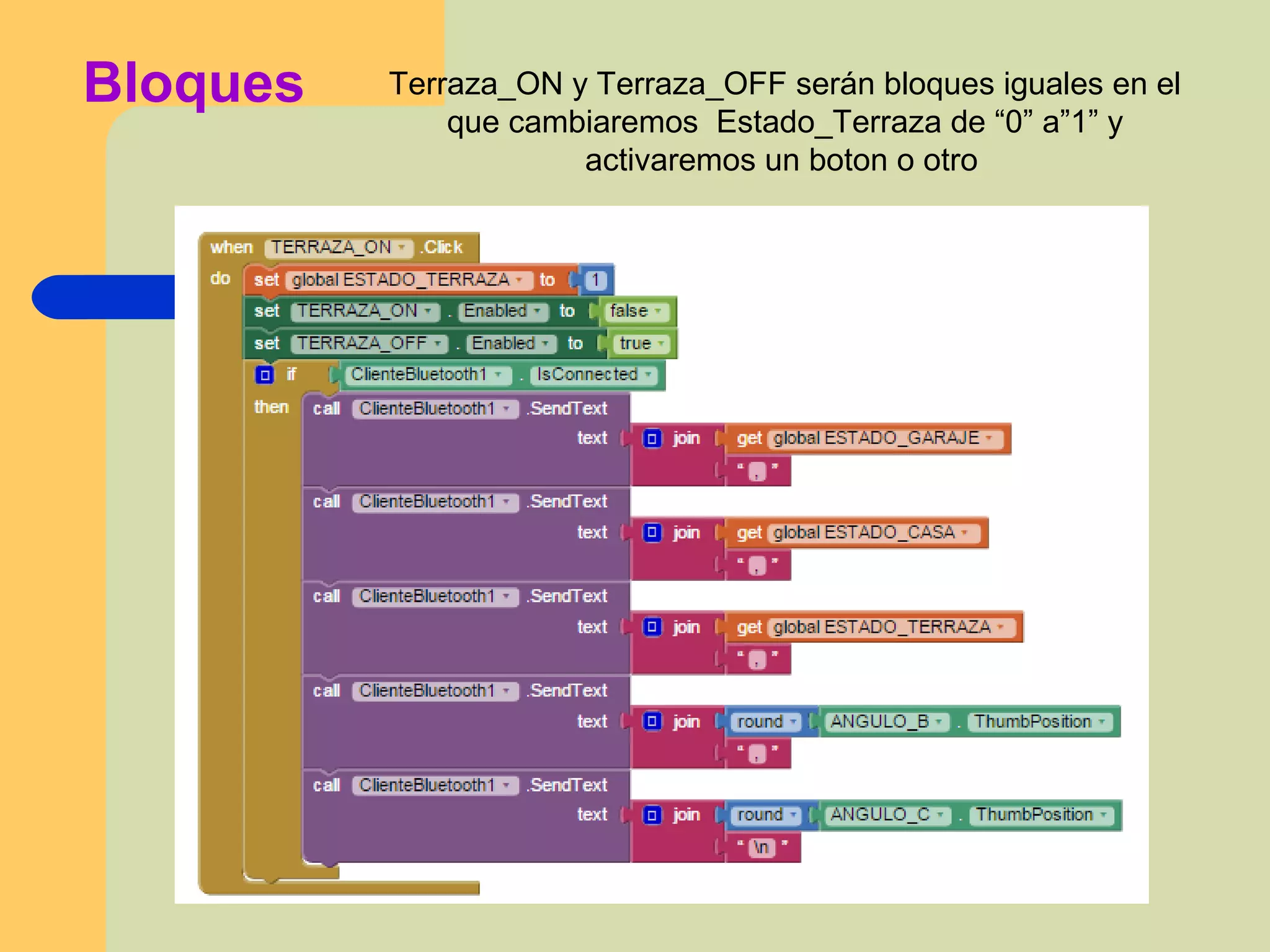 Bloques Terraza_ON y Terraza_OFF serán bloques iguales en el
que cambiaremos Estado_Terraza de “0” a”1” y
activaremos un boton o otro
 