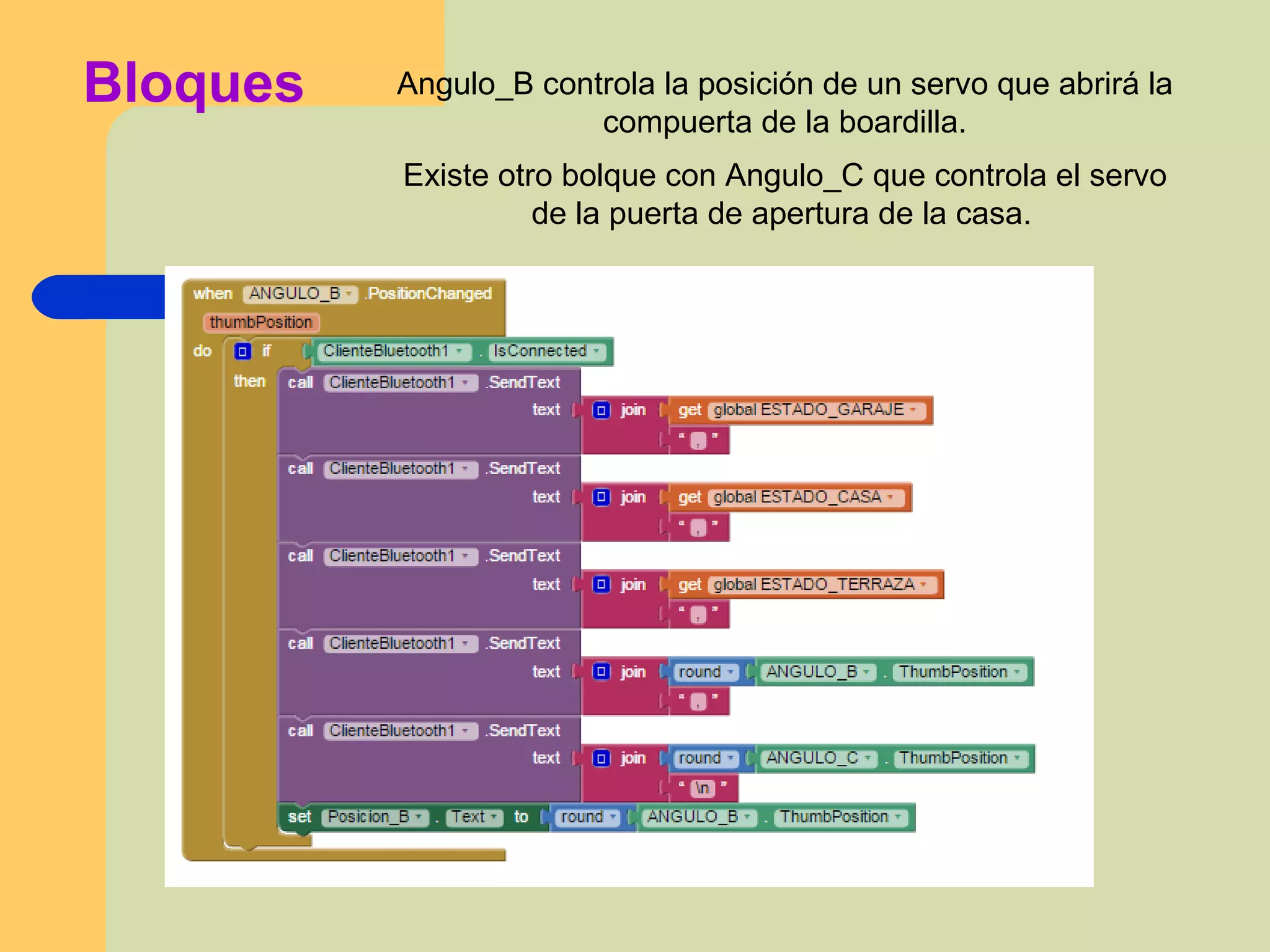Bloques Angulo_B controla la posición de un servo que abrirá la
compuerta de la boardilla.
Existe otro bolque con Angulo_C que controla el servo
de la puerta de apertura de la casa.
 