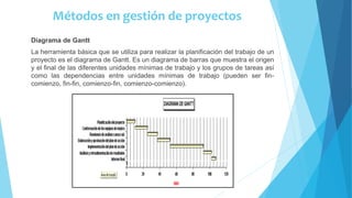Métodos en gestión de proyectos
Diagrama de Gantt
La herramienta básica que se utiliza para realizar la planificación del trabajo de un
proyecto es el diagrama de Gantt. Es un diagrama de barras que muestra el origen
y el final de las diferentes unidades mínimas de trabajo y los grupos de tareas así
como las dependencias entre unidades mínimas de trabajo (pueden ser fin-
comienzo, fin-fin, comienzo-fin, comienzo-comienzo).
 