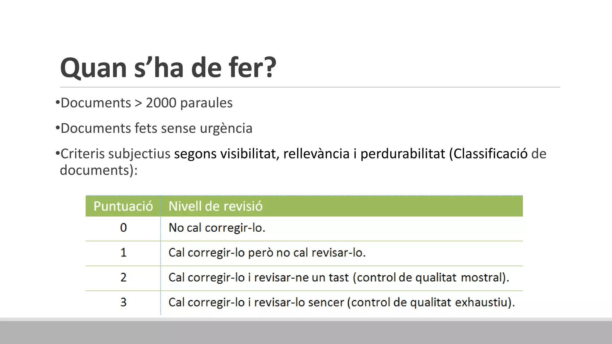Quan s’ha de fer?
•Documents > 2000 paraules
•Documents fets sense urgència
•Criteris subjectius segons visibilitat, rellevància i perdurabilitat (Classificació de
documents):
 