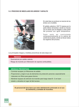 5.3. PROCESO DE MEZCLADO DE ARIDOS Y ASFALTO




                                                    En esta fase se produce la mezcla de los
                                                    áridos con el asfalto.

                                                    El asfalto caliente a 160 ºC ingresa por la
                                                    parte inferior del tambor, donde se mezcla
                                                    con el árido que ha llegado a esta parte
                                                    del proceso con igual temperatura.

                                                    To d o     esto       es   controlado
                                                    computacionalmente en la cabina de
                                                    control de la planta, donde se llevan todos
                                                    los registros del proceso.




Los principales riesgos y medidas preventivas de esta etapa son:

          RIESGOS
 · Quemaduras por asfalto caliente.
 · Riesgo de incendio por inflamación de vapores combustibles.



      MEDIDAS PREVENTIVAS
 - Controlar escapes y/o filtraciones de asfalto.
 - Proporcionar y exigir el uso de elementos de protección personal, especialmente
      máscaras con filtros para gases tóxicos.
 - Mantener equipos de extinción de incendio para fuego clase B - C en buen
      estado y ubicados en lugar de fácil acceso.



           El personal del área tiene que estar debidamente entrenado en el uso
                           de extintores y combate de incendios.




 20
 