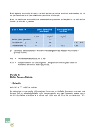 Para aquellas sustancias en que no se indica límite permisible absoluto, se entenderá por tal
un valor equivalente a 5 veces el límite permisible ponderado.

Para los efectos de sustancias que se encuentren presentes en las plantas, se indican los
límites permisibles siguientes:



  SUSTANCIA                           Límite permisible   Límite permisible
                                         ponderado          absoluto

                               p.p.m.            mg/m3        mg/m3
  Asfalto (deriv. petróleo)                         4
  Tricloroetano (*)               8                44                           Ca3 Piel
  Tricloroetileno (*)            40               215          1070             Ca3

(*) Se emplea en laboratorio de muestreo: Uso obligatorio de máscara respiratoria y
    guantes de PVC.


Piel =     Pueden ser absorbidas por la piel

Ca3 =     Sospechosas de ser cancerígenas. La exposición del trabajador debe ser
          mantenida en el nivel más bajo posible.




Párrafo III.
De los Agentes Físicos.


1. Del ruido

Arts. 64º al 72º incluidos, indican:

La exposición ocupacional a ruido continuo deberá ser controlada, de manera que para una
jornada de 8 hrs. ningún trabajador podrá estar expuesto a un nivel de presión sonora mayor
de 85 decibeles, medidos a la altura del oído, con el filtro de ponderación "A".




 34
 