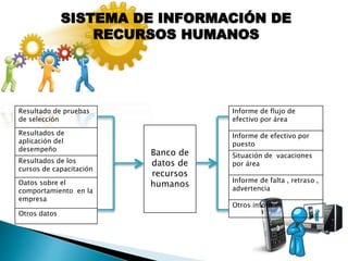SISTEMA DE INFORMACIÓN DE
RECURSOS HUMANOS
Resultado de pruebas
de selección
Resultados de
aplicación del
desempeño
Resultados de los
cursos de capacitación
Datos sobre el
comportamiento en la
empresa
Otros datos
Banco de
datos de
recursos
humanos
Informe de flujo de
efectivo por área
Informe de efectivo por
puesto
Situación de vacaciones
por área
Informe de falta , retraso ,
advertencia
Otros informes
 