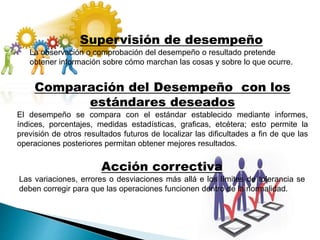 Supervisión de desempeño
La observación o comprobación del desempeño o resultado pretende
obtener información sobre cómo marchan las cosas y sobre lo que ocurre.
Comparación del Desempeño con los
estándares deseados
El desempeño se compara con el estándar establecido mediante informes,
índices, porcentajes, medidas estadísticas, graficas, etcétera; esto permite la
previsión de otros resultados futuros de localizar las dificultades a fin de que las
operaciones posteriores permitan obtener mejores resultados.
Acción correctiva
Las variaciones, errores o desviaciones más allá e los límites de tolerancia se
deben corregir para que las operaciones funcionen dentro de la normalidad.
 
