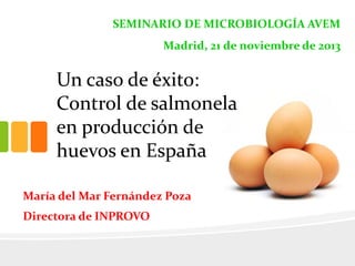 SEMINARIO DE MICROBIOLOGÍA AVEM
Madrid, 21 de noviembre de 2013
María del Mar Fernández Poza
Directora de INPROVO
Un caso de éxito:
Control de salmonela
en producción de
huevos en España
 