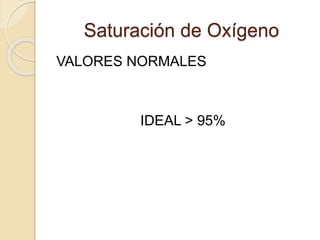 VALORES NORMALES
IDEAL > 95%
Saturación de Oxígeno
 