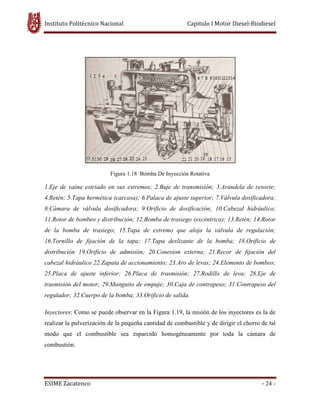 Instituto Politécnico Nacional Capitulo I Motor Diesel-Biodiesel
ESIME Zacatenco - 24 -
Figura 1.18 Bomba De Inyección Rotativa
1.Eje de vaina estriado en sus extremos; 2.Buje de transmisión; 3.Arandela de resorte;
4.Retén; 5.Tapa hermética (carcasa); 6.Palaca de ajuste superior; 7.Válvula dosificadora;
8.Cámara de válvula dosificadora; 9.Orificio de dosificación; 10.Cabezal hidráulico;
11.Rotor de bombeo y distribución; 12.Bomba de trasiego (excéntrica); 13.Retén; 14.Rotor
de la bomba de trasiego; 15.Tapa de extremo que aloja la válvula de regulación;
16.Tornillo de fijación de la tapa; 17.Tapa deslizante de la bomba; 18.Orificio de
distribución 19.Orificio de admisión; 20.Conexion externa; 21.Recor de fijación del
cabezal hidráulico 22.Zapata de accionamiento; 23.Aro de levas; 24.Elemento de bombeo;
25.Placa de ajuste inferior; 26.Placa de trasmisión; 27.Rodillo de leva; 28.Eje de
trasmisión del motor; 29.Manguito de empuje; 30.Caja de contrapeso; 31.Contrapeso del
regulador; 32.Cuerpo de la bomba; 33.Orificio de salida.
Inyectores: Como se puede observar en la Figura 1.19, la misión de los inyectores es la de
realizar la pulverización de la pequeña cantidad de combustible y de dirigir el chorro de tal
modo que el combustible sea esparcido homogéneamente por toda la cámara de
combustión.
 