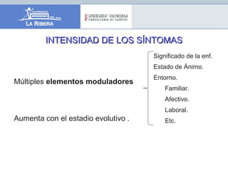 Múltiples elementos moduladores
Aumenta con el estadio evolutivo .
INTENSIDAD DE LOS SÍNTOMASINTENSIDAD DE LOS SÍNTOMAS
Significado de la enf.
Estado de Ánimo.
Entorno.
Familiar.
Afectivo.
Laboral.
Etc.
 