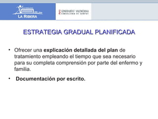 ESTRATEGIA GRADUAL PLANIFICADAESTRATEGIA GRADUAL PLANIFICADA
• Ofrecer una explicación detallada del plan de
tratamiento empleando el tiempo que sea necesario
para su completa comprensión por parte del enfermo y
familia.
• Documentación por escrito.
 