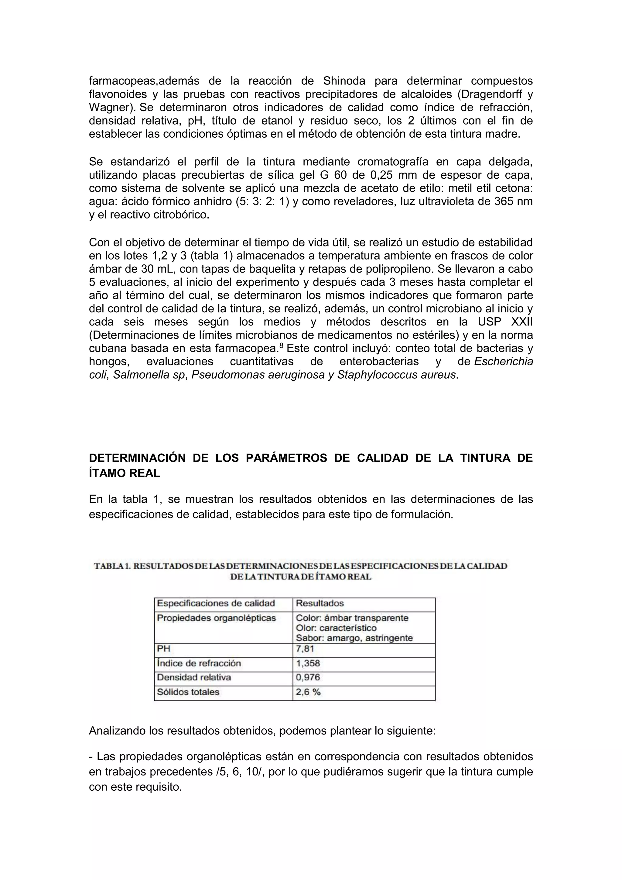 farmacopeas,además de la reacción de Shinoda para determinar compuestos
flavonoides y las pruebas con reactivos precipitadores de alcaloides (Dragendorff y
Wagner). Se determinaron otros indicadores de calidad como índice de refracción,
densidad relativa, pH, título de etanol y residuo seco, los 2 últimos con el fin de
establecer las condiciones óptimas en el método de obtención de esta tintura madre.
Se estandarizó el perfil de la tintura mediante cromatografía en capa delgada,
utilizando placas precubiertas de sílica gel G 60 de 0,25 mm de espesor de capa,
como sistema de solvente se aplicó una mezcla de acetato de etilo: metil etil cetona:
agua: ácido fórmico anhidro (5: 3: 2: 1) y como reveladores, luz ultravioleta de 365 nm
y el reactivo citrobórico.
Con el objetivo de determinar el tiempo de vida útil, se realizó un estudio de estabilidad
en los lotes 1,2 y 3 (tabla 1) almacenados a temperatura ambiente en frascos de color
ámbar de 30 mL, con tapas de baquelita y retapas de polipropileno. Se llevaron a cabo
5 evaluaciones, al inicio del experimento y después cada 3 meses hasta completar el
año al término del cual, se determinaron los mismos indicadores que formaron parte
del control de calidad de la tintura, se realizó, además, un control microbiano al inicio y
cada seis meses según los medios y métodos descritos en la USP XXII
(Determinaciones de límites microbianos de medicamentos no estériles) y en la norma
cubana basada en esta farmacopea.8
Este control incluyó: conteo total de bacterias y
hongos, evaluaciones cuantitativas de enterobacterias y de Escherichia
coli, Salmonella sp, Pseudomonas aeruginosa y Staphylococcus aureus.
DETERMINACIÓN DE LOS PARÁMETROS DE CALIDAD DE LA TINTURA DE
ÍTAMO REAL
En la tabla 1, se muestran los resultados obtenidos en las determinaciones de las
especificaciones de calidad, establecidos para este tipo de formulación.
Analizando los resultados obtenidos, podemos plantear lo siguiente:
- Las propiedades organolépticas están en correspondencia con resultados obtenidos
en trabajos precedentes /5, 6, 10/, por lo que pudiéramos sugerir que la tintura cumple
con este requisito.
 