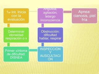 1er Int. Inicia
con la
evaluación
Determinar
idoneidad
respiración o v
Primer síntoma
de dificultad:
DISNEA
INSPECCIÓN
Y
AUSCULTACI
ÓN
Obstrucción:
dificultad
hablar, respirar
Angustia,
agitación;
letargo
inconsciencia
Apnea:
cianosis, piel
fría
 