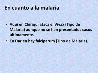 En cuanto a la malaria

• Aquí en Chiriquí ataca el Vivax (Tipo de
  Malaria) aunque no se han presentados casos
  últimamente.
• En Darién hay falciparum (Tipo de Malaria).
 