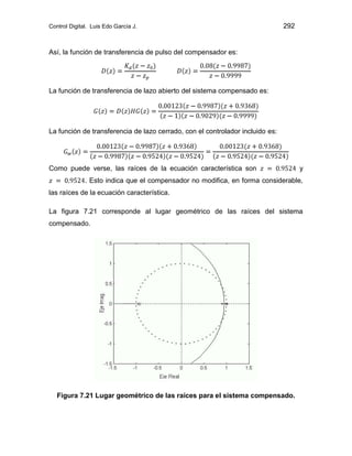Control Digital. Luis Edo García J. 292
Así, la función de transferencia de pulso del compensador es:
La función de transferencia de lazo abierto del sistema compensado es:
La función de transferencia de lazo cerrado, con el controlador incluido es:
Como puede verse, las raíces de la ecuación característica son y
. Esto indica que el compensador no modifica, en forma considerable,
las raíces de la ecuación característica.
La figura 7.21 corresponde al lugar geométrico de las raíces del sistema
compensado.
Figura 7.21 Lugar geométrico de las raíces para el sistema compensado.
 