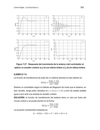 Control Digital. Luis Edo García J. 302
Figura 7.27 Respuesta del movimiento de la antena y del controlador al
aplicar un escalón unitario a) y b) con efecto timbre c) y d) sin efecto timbre.
EJEMPLO 7.8
La función de transferencia de pulso de un sistema discreto en lazo abierto es:
Diseñar un controlador según el método de Ragazzini de modo que el sistema, en
lazo cerrado, tenga polos ubicados en y y error de estado estable
igual a cero ante una entrada en escalón unitario.
SOLUCIÓN: la función de transferencia del sistema tiene un cero por fuera del
círculo unitario y se puede escribir en la forma:
La ecuación característica deseada es:
 