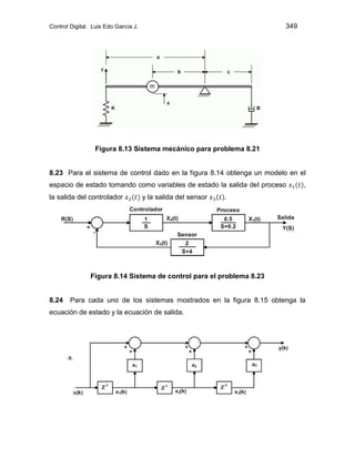 Control Digital. Luis Edo García J. 349
Figura 8.13 Sistema mecánico para problema 8.21
8.23 Para el sistema de control dado en la figura 8.14 obtenga un modelo en el
espacio de estado tomando como variables de estado la salida del proceso ,
la salida del controlador y la salida del sensor
Figura 8.14 Sistema de control para el problema 8.23
8.24 Para cada uno de los sistemas mostrados en la figura 8.15 obtenga la
ecuación de estado y la ecuación de salida.
 