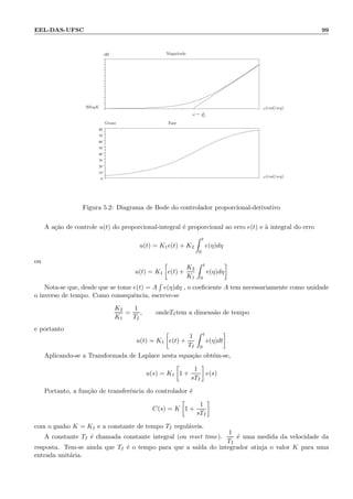 EEL-DAS-UFSC 99
.
0
10
20
30
40
50
60
70
80
.
ω(rad/seg)
ω(rad/seg)
ω = 1
TD
Magnitude
Fase
dB
Graus
20logK
Figura 5.2: Diagrama de Bode do controlador proporcional-derivativo
A a¸c˜ao de controle u(t) do proporcional-integral ´e proporcional ao erro e(t) e `a integral do erro
u(t) = K1e(t) + K2
t
0
e(η)dη
ou
u(t) = K1 e(t) +
K2
K1
t
0
e(η)dη
Nota-se que, desde que se tome e(t) = A e(η)dη , o coeﬁciente A tem necessariamente como unidade
o inverso de tempo. Como consequˆencia, escreve-se
K2
K1
=
1
TI
, ondeTItem a dimens˜ao de tempo
e portanto
u(t) = K1 e(t) +
1
TI
t
0
e(η)dt
Aplicando-se a Transformada de Laplace nesta equa¸c˜ao obt´em-se,
u(s) = K1 1 +
1
sTI
e(s)
Portanto, a fun¸c˜ao de transferˆencia do controlador ´e
C(s) = K 1 +
1
sTI
com o ganho K = K1 e a constante de tempo TI regul´aveis.
A constante TI ´e chamada constante integral (ou reset time).
1
TI
´e uma medida da velocidade da
resposta. Tem-se ainda que TI ´e o tempo para que a sa´ıda do integrador atinja o valor K para uma
entrada unit´aria.
 