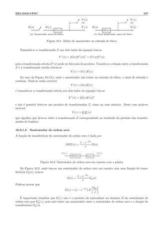 EEL-DAS-UFSC 157
G(s)
Y (s)
E(s) E(z) Y (z)
(a) Amostrador antes do bloco
G(s)
Y (z)
E(s) Y (s)
(b) Sem amostrador antes do bloco
Figura 10.1: Efeito do amostrador na entrada do bloco
Tomando-se a transformada Z nos dois lados da equa¸c˜ao tem-se
Y ∗
(s) = [G(s)E∗
(s)]∗
= G∗
(s)E∗
(s)
pois a transformada estrela E∗(s) pode ser fatorada do produto. Usando-se a rela¸c˜ao entre a transformada
Z e a transformada estrela obtem-se
Y (z) = G(z)E(z)
No caso da Figura 10.1(b), onde o amostrador n˜ao existe na entrada do bloco, o sinal de entrada ´e
cont´ınuo. Pode-se ent˜ao escrever
Y (s) = G(s)E(s)
e tomando-se a transformada estrela nos dois lados da equa¸c˜ao tem-se
Y ∗
(s) = [G(s)E(s)]∗
e n˜ao ´e poss´ıvel obter-se um produto de transformadas Z, como no caso anterior. Neste caso pode-se
escrever
Y (z) = G E (z)
que signiﬁca que deve-se obter a transformada Z correspondente ao resultado do produto das transfor-
madas de Laplace.
10.3.1.3 Sustentador de ordem zero
A fun¸c˜ao de transferˆencia do sustentador de ordem zero ´e dada por
SOZ(s) =
1 − e−Ts
s
G(s)
SOZ(s) Gp(s)
U(z) Y (z)
Figura 10.2: Sustentator de ordem zero em cascata com a planta
Na Figura 10.2, onde tem-se um sustentador de ordem zero em cascata com uma fun¸c˜ao de trans-
ferˆencia Gp(s), tem-se
G(s) =
1 − e−Ts
s
Gp(s)
Pode-se provar que
G(z) = (1 − e−Ts
) Z
Gp
s
´E importante ressaltar que G(z) n˜ao ´e o produto do equivalente no dom´ınio Z do sustentador de
ordem zero por Gp(z), pois n˜ao existe um amostrador entre o sustentador de ordem zero e a fun¸c˜ao de
transferˆencia Gp(s).
 