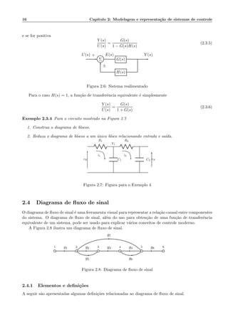 16 Cap´ıtulo 2: Modelagem e representa¸c˜ao de sistemas de controle
e se for positiva
Y (s)
U(s)
=
G(s)
1 − G(s)H(s)
(2.3.5)
Σ G(s)
H(s)
U(s) E(s) Y (s)+
±
Figura 2.6: Sistema realimentado
Para o caso H(s) = 1, a fun¸c˜ao de transferˆencia equivalente ´e simplesmente
Y (s)
U(s)
=
G(s)
1 + G(s)
(2.3.6)
Exemplo 2.3.4 Para o circuito mostrado na Figura 2.7
1. Construa o diagrama de blocos.
2. Reduza o diagrama de blocos a um ´unico bloco relacionando entrada e sa´ıda.
R1
C1
R2
C2 vS
V1
i1 i2
vE
Figura 2.7: Figura para o Exemplo 4
2.4 Diagrama de ﬂuxo de sinal
O diagrama de ﬂuxo de sinal ´e uma ferramenta visual para representar a rela¸c˜ao causal entre componentes
do sistema. O diagrama de ﬂuxo de sinal, al´em do uso para obten¸c˜ao de uma fun¸c˜ao de transferˆencia
equivalente de um sistema, pode ser usado para explicar v´arios conceitos de controle moderno.
A Figura 2.8 ilustra um diagrama de ﬂuxo de sinal.
g5 g6
g7
1 2 3 4 5 6g1 g2 g3 g4 g8
Figura 2.8: Diagrama de ﬂuxo de sinal
2.4.1 Elementos e deﬁni¸c˜oes
A seguir s˜ao apresentadas algumas deﬁni¸c˜oes relacionadas ao diagrama de ﬂuxo de sinal.
 