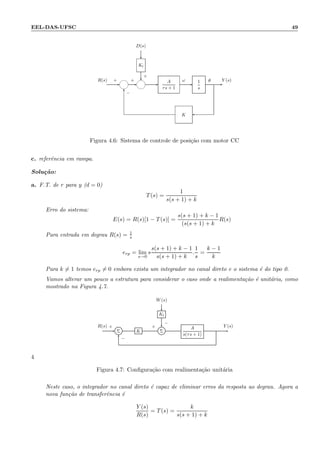 EEL-DAS-UFSC 49
θω
−
+ +
+
D(s)
R(s) Y (s)
-
?
?
- - -
6

-
Kl
K
1
s
A
τs + 1
Figura 4.6: Sistema de controle de posi¸c˜ao com motor CC
c. referˆencia em rampa.
Solu¸c˜ao:
a. F.T. de r para y (d = 0)
T(s) =
1
s(s + 1) + k
Erro do sistema:
E(s) = R(s)[1 − T(s)] =
s(s + 1) + k − 1
(s(s + 1) + k
R(s)
Para entrada em degrau R(s) = 1
s
erp = lim
s→0
s
s(s + 1) + k − 1
s(s + 1) + k
.
1
s
=
k − 1
k
Para k = 1 temos erp = 0 embora exista um integrador no canal direto e o sistema ´e do tipo 0.
Vamos alterar um pouco a estrutura para considerar o caso onde a realimenta¸c˜ao ´e unit´aria, como
mostrado na Figura 4.7.
W(s)
Kl
Σ K Σ
A
s(τs + 1)
R(s) Y (s)+
−
+
−
4
Figura 4.7: Conﬁgura¸c˜ao com realimenta¸c˜ao unit´aria
Neste caso, o integrador no canal direto ´e capaz de eliminar erros da resposta ao degrau. Agora a
nova fun¸c˜ao de transferˆencia ´e
Y (s)
R(s)
= T(s) =
k
s(s + 1) + k
 