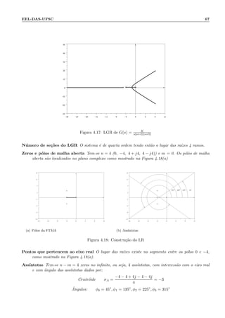 EEL-DAS-UFSC 67
−28 −24 −20 −16 −12 −8 −4 0 4 8 12
−30
−20
−10
0
10
20
30
40
50
×××
Figura 4.17: LGR de G(s) = K
s(s+4)(s+5)
N´umero de se¸c˜oes do LGR O sistema ´e de quarta ordem tendo ent˜ao o lugar das ra´ızes 4 ramos.
Zeros e p´olos de malha aberta Tem-se n = 4 (0, −4, 4 + j4, 4 − j4)) e m = 0. Os p´olos de malha
aberta s˜ao localizados no plano complexo como mostrado na Figura 4.18(a)
−16 −12 −8 −4 0 4 8 12
−13
−9
−5
−1
3
7
11
15
××
×
×
(a) P´olos da FTMA
−16 −12 −8 −4 0 4 8 12
−13
−9
−5
−1
3
7
11
15
××
×
×
45◦
135◦
225◦
315◦
(b) Ass´ıntotas
Figura 4.18: Constru¸c˜ao do LR
Pontos que pertencem ao eixo real O lugar das ra´ızes existe no segmento entre os p´olos 0 e −4,
como mostrado na Figura 4.18(a).
Ass´ıntotas Tem-se n − m = 4 zeros no inﬁnito, ou seja, 4 ass´ıntotas, com intercess˜ao com o eixo real
e com ˆangulo das ass´ıntotas dados por:
Centr´oide σA =
−4 − 4 + 4j − 4 − 4j
4
= −3
ˆAngulos: φ0 = 45◦
, φ1 = 135◦
, φ2 = 225◦
, φ3 = 315◦
 