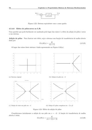 72 Cap´ıtulo 4: Propriedades B´asicas de Sistemas Realimentados
Σ c
s
s2 + 1
R(s) Y (s)+
−
Figura 4.23: Sistema equivalente com c como ganho
4.5.4.6 Efeito de p´olos-zeros no L.R.
Uma quest˜ao que pode facilmente ser analisada pelo lugar das ra´ızes ´e o efeito da adi¸c˜ao de p´olos e zeros
a um sistema.
Adi¸c˜ao de p´olos Para ilustrar este efeito, seja o sistema com fun¸c˜ao de transferˆencia de malha aberta
dada por
G(s)H(s) =
K
s(s + 1)
(4.5.25)
O lugar das ra´ızes deste sistema ´e dada apresentado na Figura 4.24(a).
−1.3 −1.1 −0.9 −0.7 −0.5 −0.3 −0.1 0.1 0.3
−30
−20
−10
0
10
20
30
40
50
××
(a) Sistema original
−17 −13 −9 −5 −1 3 7
−13
−9
−5
−1
3
7
11
15
×××
(b) Adi¸c˜ao de p´olo em −3
−11 −9 −7 −5 −3 −1 1 3 5 7
−9
−7
−5
−3
−1
1
3
5
7
9
××××
Evans root locus
Real axis
Imag. axis
(c) Adi¸c˜ao de mais um p´olo em −4
−9 −7 −5 −3 −1 1 3 5 7
−8
−6
−4
−2
0
2
4
6
8
××
×
×
(d) Adi¸c˜ao de p´olos complexos em −2 ± j2
Figura 4.24: Efeito da adi¸c˜ao de p´olos
Consideremos inicialmente a adi¸c˜ao de um p´olo em s = −3. A fun¸c˜ao de transferˆencia de malha
aberta ´e ent˜ao
G(s)H(s) =
K
s(s + 1)(s + 3)
(4.5.26)
 