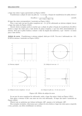 EEL-DAS-UFSC 73
o lugar das ra´ızes ´e agora apresentado na Figura 4.24(b)
Consideremos a adi¸c˜ao de mais um p´olo em −4, ou seja, s fun¸c˜ao de transferˆencia de malha aberta ´e
G(s)H(s) =
K
s(s + 1)(s + 3)(s + 4)
(4.5.27)
O lugar das ra´ızes correspondente ´e mostrado na Figura 4.24(c)
Para o caso onde um par de p´olos complexos em −2 ± j2 for adicionado ao sistema original, tem-se
o lugar das ra´ızes da Figura 4.24(d).
Atrav´es destes exemplos pode-se concluir que a adi¸c˜ao de p´olos `a fun¸c˜ao de transferˆencia G(s)H(s)
desloca o lugar das ra´ızes para o lado direito do plano complexo, o que tem efeito desestabilizante no
sistema. Note que os p´olos tendem a reduzir o valor do ˆangulo das ass´ıntotas, o que ¨entorta¨ os ramos
para o lado direito.
Adi¸c˜ao de zeros Consideremos o sistema original, dado por 4.5.25. Um zero ´e adicionado em −3.5.
O LR do sistema ´e mostrado na Figura 4.25(b).
−1.3 −1.1 −0.9 −0.7 −0.5 −0.3 −0.1 0.1 0.3
−30
−20
−10
0
10
20
30
40
50
××
(a) Sistema original
−7 −6 −5 −4 −3 −2 −1 0 1
−3
−2
−1
0
1
2
3
◊ ××
(b) Adi¸c˜ao de zero em −3
−3.0 −2.6 −2.2 −1.8 −1.4 −1.0 −0.6 −0.2 0.2 0.6 1.0
−3
−2
−1
0
1
2
3
◊
◊
××
(c) Adi¸c˜ao de zeros complexos −2 ± j2
−3.7 −3.3 −2.9 −2.5 −2.1 −1.7 −1.3 −0.9 −0.5 −0.1 0.3
−40
−30
−20
−10
0
10
20
30
40
50
60
◊ ×××
(d) Adi¸c˜ao de p´olo em −3 e de zero em 3.5
Figura 4.25: Efeito da adi¸c˜ao de zeros
Se um par de zeros complexos for adicionado, ent˜ao o lugar das ra´ızes ´e dado na Figura 4.25(c)
Seja agora o sistema 4.5.26, com mais um zero real adicionado. O lugar das ra´ızes ´e mostrado na
Figura 4.25(d).
Observe que as ass´ıntotas que tinham inclina¸c˜ao ±60◦, passam a ter inclina¸c˜ao ±90◦.
Dos exemplos estudados, observamos que a adi¸c˜ao de zeros desloca o lugar das ra´ızes para a esquerda
e tem, portanto, um efeito estabilizante no sistema.
 