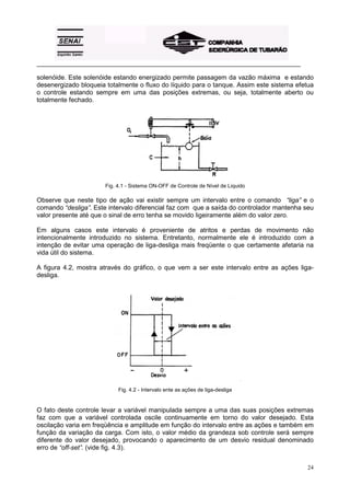 _________________________________________________________________________________________
24
solenóide. Este solenóide estando energizado permite passagem da vazão máxima e estando
desenergizado bloqueia totalmente o fluxo do líquido para o tanque. Assim este sistema efetua
o controle estando sempre em uma das posições extremas, ou seja, totalmente aberto ou
totalmente fechado.
Fig. 4.1 - Sistema ON-OFF de Controle de Nível de Liquido
Observe que neste tipo de ação vai existir sempre um intervalo entre o comando “liga” e o
comando “desliga”. Este intervalo diferencial faz com que a saída do controlador mantenha seu
valor presente até que o sinal de erro tenha se movido ligeiramente além do valor zero.
Em alguns casos este intervalo é proveniente de atritos e perdas de movimento não
intencionalmente introduzido no sistema. Entretanto, normalmente ele é introduzido com a
intenção de evitar uma operação de liga-desliga mais freqüente o que certamente afetaria na
vida útil do sistema.
A figura 4.2, mostra através do gráfico, o que vem a ser este intervalo entre as ações liga-
desliga.
Fig. 4.2 - Intervalo ente as ações de liga-desliga
O fato deste controle levar a variável manipulada sempre a uma das suas posições extremas
faz com que a variável controlada oscile continuamente em torno do valor desejado. Esta
oscilação varia em freqüência e amplitude em função do intervalo entre as ações e também em
função da variação da carga. Com isto, o valor médio da grandeza sob controle será sempre
diferente do valor desejado, provocando o aparecimento de um desvio residual denominado
erro de “off-set”. (vide fig. 4.3).
 