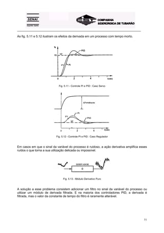 _________________________________________________________________________________________
51
As fig. 5.11 e 5.12 ilustram os efeitos da derivada em um processo com tempo morto.
Fig. 5.11 - Controle PI e PID : Caso Servo
Fig. 5.12 - Controle PI e PID : Caso Regulador
Em casos em que o sinal da variável do processo é ruidoso, a ação derivativa amplifica esses
ruídos o que torna a sua utilização delicada ou impossível.
Fig. 5.13 - Módulo Derivativo Puro
A solução a esse problema consistem adicionar um filtro no sinal da variável do processo ou
utilizar um módulo de derivada filtrada. E na maioria dos controladores PID, a derivada é
filtrada, mas o valor da constante de tempo do filtro é raramente alterável.
 
