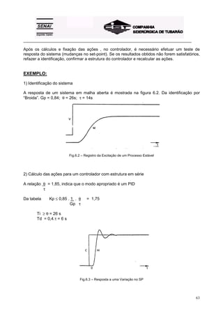 _________________________________________________________________________________________
63
Após os cálculos e fixação das ações , no controlador, é necessário efetuar um teste de
resposta do sistema (mudanças no set-point). Se os resultados obtidos não forem satisfatórios,
refazer a identificação, confirmar a estrutura do controlador e recalcular as ações.
EXEMPLO:
1) Identificação do sistema
A resposta de um sistema em malha aberta é mostrada na figura 6.2. Da identificação por
“Broida”. Gp = 0,84; θ = 26s; τ = 14s
Fig.6.2 – Registro da Excitação de um Processo Estável
2) Cálculo das ações para um controlador com estrutura em série
A relação θ = 1,85, indica que o modo apropriado é um PID
τ
Da tabela Kp ≤ 0,85 . 1 . θ = 1,75
Gp τ
Ti ≥ θ = 26 s
Td = 0,4.τ = 6 s
Fig.6.3 – Resposta a uma Variação no SP
 