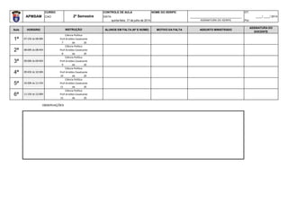 CURSO: CONTROLE DE AULA NOME DO XERIFE: DT:
APMSAM CAO DATA: _________________________________ ____/ ____/ 2014
quinta-feira, 17 de julho de 2014 ASSINATURA DO XERIFE Por:
Aula HORÁRIO ALUNOS EM FALTA (Nº E NOME) MOTIVO DA FALTA ASSUNTO MINISTRADO
ASSINATURA DO
DOCENTE
7 de 20
8 de 20
9 de 20
10 de 20
11 de 20
12 de 20
6ª 11:15h às 12:00h
Ciência Política
Prof Arnóbio Cavalcante
4ª 09:45h às 10:30h
Ciência Política
Prof Arnóbio Cavalcante
5ª 10:30h às 11:15h
Ciência Política
Prof Arnóbio Cavalcante
2ª 08:00h às 08:45h
Ciência Política
Prof Arnóbio Cavalcante
3ª 09:00h às 09:45h
Ciência Política
Prof Arnóbio Cavalcante
2º Semestre
INSTRUÇÃO
1ª 07:15h às 08:00h
Ciência Política
Prof Arnóbio Cavalcante
OBSERVAÇÕES
 