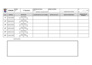 CURSO: CONTROLE DE AULA NOME DO XERIFE: DT:
APMSAM CAO DATA: _________________________________ ____/ ____/ 2014
sexta-feira, 18 de julho de 2014 ASSINATURA DO XERIFE Por:
Aula HORÁRIO ALUNOS EM FALTA (Nº E NOME) MOTIVO DA FALTA ASSUNTO MINISTRADO
ASSINATURA DO
DOCENTE
13 de 20
14 de 20
15 de 20
16 de 20
17 de 20
18 de 20
6ª 11:15h às 12:00h
Ciência Política
Prof Arnóbio Cavalcante
4ª 09:45h às 10:30h
Ciência Política
Prof Arnóbio Cavalcante
5ª 10:30h às 11:15h
Ciência Política
Prof Arnóbio Cavalcante
2ª 08:00h às 08:45h
Ciência Política
Prof Arnóbio Cavalcante
3ª 08:45h às 09:30h
Ciência Política
Prof Arnóbio Cavalcante
2º Semestre
INSTRUÇÃO
1ª 07:15h às 08:00h
Ciência Política
Prof Arnóbio Cavalcante
OBSERVAÇÕES
 