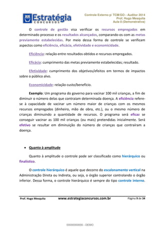 Controle Externo p/ TCM/GO - Auditor 2014 
Prof. Hugo Mesquita 
Aula 0 (Demonstrativa) 
O controle de gestão visa verificar os recursos empregados em 
determinado processo e os resultados alcançados, comparando-os com as metas 
previamente estabelecidas. Por meio dessa forma de controle se verificam 
aspectos como eficiência, eficácia, efetividade e economicidade. 
Eficiência: relação entre resultados obtidos e recursos empregados. 
Eficácia: cumprimento das metas previamente estabelecidas; resultado. 
Efetividade: cumprimento dos objetivos/efeitos em termos de impactos 
Exemplo: Um programa do governo para vacinar 100 mil crianças, a fim de 
diminuir o número delas que contraiam determinada doença. A eficiência refere-se 
à capacidade de vacinar um número maior de crianças com os mesmos 
recursos empregados (dinheiro, mão de obra, etc.), ou o mesmo número de 
crianças diminuindo a quantidade de recursos. O programa será eficaz se 
conseguir vacinar as 100 mil crianças (ou mais) pretendidas inicialmente. Será 
efetivo se resultar em diminuição do número de crianças que contraíram a 
doença. 
00000000000 
Quanto à amplitude o controle pode ser classificado como hierárquico ou 
O controle hierárquico é aquele que decorre do escalonamento vertical na 
Administração Direta ou Indireta, ou seja, o órgão superior controlando o órgão 
inferior. Dessa forma, o controle hierárquico é sempre do tipo controle interno. 
Página 9 de 34 
sobre o público alvo. 
Economicidade: relação custo/benefício. 
 Quanto à amplitude 
finalístico. 
P rof. Hugo Mesquita www.estrategiaconcursos.com.br 
00000000000 - DEMO 
 