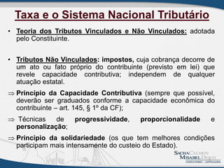 Taxa e o Sistema Nacional Tributário
• Teoria dos Tributos Vinculados e Não Vinculados: adotada
pelo Constituinte.
• Tributos Não Vinculados: impostos, cuja cobrança decorre de
um ato ou fato próprio do contribuinte (previsto em lei) que
revele capacidade contributiva; independem de qualquer
atuação estatal.
 Princípio da Capacidade Contributiva (sempre que possível,
deverão ser graduados conforme a capacidade econômica do
contribuinte – art. 145, § 1º da CF);
 Técnicas de progressividade, proporcionalidade e
personalização;
 Princípio da solidariedade (os que tem melhores condições
participam mais intensamente do custeio do Estado).
3
 