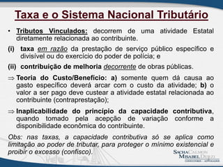 Taxa e o Sistema Nacional Tributário
• Tributos Vinculados: decorrem de uma atividade Estatal
diretamente relacionada ao contribuinte.
(i) taxa em razão da prestação de serviço público específico e
divisível ou do exercício do poder de polícia; e
(ii) contribuição de melhoria decorrente de obras públicas.
 Teoria do Custo/Benefício: a) somente quem dá causa ao
gasto específico deverá arcar com o custo da atividade; b) o
valor a ser pago deve custear a atividade estatal relacionada ao
contribuinte (contraprestação);
 Inaplicabilidade do princípio da capacidade contributiva,
quando tomado pela acepção de variação conforme a
disponibilidade econômica do contribuinte.
Obs: nas taxas, a capacidade contributiva só se aplica como
limitação ao poder de tributar, para proteger o mínimo existencial e
proibir o excesso (confisco).
4
 
