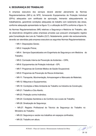 4. SEGURANÇA DO TRABALHO
A empresa executora dos serviços deverá atender plenamente às Normas
Regulamentadoras (NR´s) do MTE, fornecendo Equipamentos de Proteção Individual
(EPI's) adequados com certificado de aprovação, treinando adequadamente os
trabalhadores, garantindo condições adequadas de trabalho com isolamento das áreas,
conforme adequação apresentada na figura 13, e utilização de EPI's conforme a figura 14.
As Normas Regulamentadoras (NR) relativas a Segurança e Medicina do Trabalho, são
de observância obrigatória pelas empresas privadas que possuem empregados regidos
pela Consolidação das Leis do Trabalho (CLT). Notadamente, porém não exclusivamente,
deverão ser atendidas pela empresa executora as seguintes Normas Regulamentadoras:
− NR-1: Disposições Gerais;
− NR-2: Inspeção Prévia;
− NR-4: Serviços Especializados em Engenharia de Segurança e em Medicina do
Trabalho;
− NR-5: Comissão Interna de Prevenção de Acidentes – CIPA;
− NR-6: Equipamentos de Proteção Individual – EPI;
− NR-7: Programas de Controle Médico de Saúde Ocupacional;
− NR-9: Programas de Prevenção de Riscos Ambientais;
− NR-11: Transporte, Movimentação, Armazenagem e Manuseio de Materiais;
− NR-12: Máquinas e Equipamentos;
− NR-18: Condições e Meio Ambiente de Trabalho na Indústria da Construção;
− NR-21: Trabalho a Céu Aberto;
− NR-23: Proteção contra Incêndios;
− NR-24: Condições Sanitárias e de Conforto nos Locais de Trabalho;
− NR-26: Sinalização de Segurança;
− NR-27: Registro Profissional do Técnico de Segurança do Trabalho no
Ministério do Trabalho;
− NR-33: Segurança e saúde nos trabalhos em espaços confinados;
− NR-35: Trabalho em altura.
PCMAO – Plano de Controle e Monitoramento Ambiental de Obras
25 / 32
 