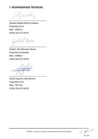 7. RESPONSÁVEIS TÉCNICOS
__________________________________
Geraldo Magela Martins Caldeira
Engenheiro Civil
Matr. 129912-3
SVDS /DLA-CT-ALPS
__________________________________
Gabriel Dias Mangolini Neves
Engenheiro Ambiental
Matr. 129986-7
SVDS /DLA-CT-ALPS
__________________________________
Carlos Augusto Justo Barreiro
Engenheiro Civil
Matr. 130112-8
SVDS /DLA-CT-ALPS
PCMAO – Plano de Controle e Monitoramento Ambiental de Obras
31 / 32
 