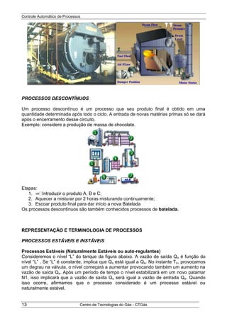 Controle Automático de Processos
Centro de Tecnologias do Gás - CTGás13
PROCESSOS DESCONTÍNUOS
Um processo descontínuo é um processo que seu produto final é obtido em uma
quantidade determinada após todo o ciclo. A entrada de novas matérias primas só se dará
após o encerramento desse circuito.
Exemplo: considere a produção de massa de chocolate.
Etapas:
1. ⇒
2. Aquecer a misturar por 2 horas misturando continuamente;
3. Escoar produto final para dar início a nova Batelada
Os processos descontínuos são também conhecidos processos de batelada.
REPRESENTAÇÃO E TERMINOLOGIA DE PROCESSOS
PROCESSOS ESTÁVEIS E INSTÁVEIS
Processos Estáveis (Naturalmente Estáveis ou auto-regulantes)
Consideremos o nível “L” do tanque da figura abaixo. A vazão de saída Qs é função do
nível “L” . Se “L” é constante, implica que Qs está igual a Qe. No instante To, provocamos
um degrau na válvula, o nível começará a aumentar provocando também um aumento na
vazão de saída Qs. Após um período de tempo o nível estabilizará em um novo patamar
N1, isso implicará que a vazão de saída Qs será igual a vazão de entrada Qe. Quando
isso ocorre, afirmamos que o processo considerado é um processo estável ou
naturalmente estável.
 