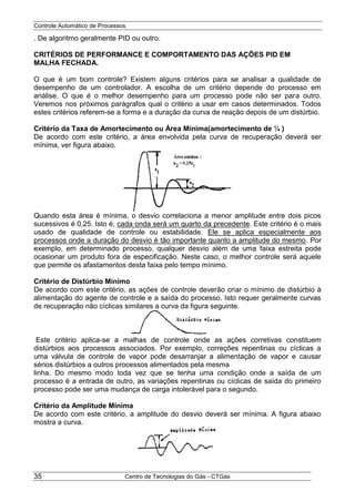 Controle Automático de Processos
Centro de Tecnologias do Gás - CTGás35
. De algoritmo geralmente PID ou outro.
CRITÉRIOS DE PERFORMANCE E COMPORTAMENTO DAS AÇÕES PID EM
MALHA FECHADA.
O que é um bom controle? Existem alguns critérios para se analisar a qualidade de
desempenho de um controlador. A escolha de um critério depende do processo em
análise. O que é o melhor desempenho para um processo pode não ser para outro.
Veremos nos próximos parágrafos qual o critério a usar em casos determinados. Todos
estes critérios referem-se a forma e a duração da curva de reação depois de um distúrbio.
Critério da Taxa de Amortecimento ou Área Mínima(amortecimento de ¼ )
De acordo com este critério, a área envolvida pela curva de recuperação deverá ser
mínima, ver figura abaixo.
Quando esta área é mínima, o desvio correlaciona a menor amplitude entre dois picos
sucessivos é 0,25. Isto é, cada onda será um quarto da precedente. Este critério é o mais
usado de qualidade de controle ou estabilidade. Ele se aplica especialmente aos
processos onde a duração do desvio é tão importante quanto a amplitude do mesmo. Por
exemplo, em determinado processo, qualquer desvio além de uma faixa estreita pode
ocasionar um produto fora de especificação. Neste caso, o melhor controle será aquele
que permite os afastamentos desta faixa pelo tempo mínimo.
Critério de Distúrbio Mínimo
De acordo com este critério, as ações de controle deverão criar o mínimo de distúrbio à
alimentação do agente de controle e a saída do processo. Isto requer geralmente curvas
de recuperação não cíclicas similares a curva da figura seguinte.
Este critério aplica-se a malhas de controle onde as ações corretivas constituem
distúrbios aos processos associados. Por exemplo, correções repentinas ou cíclicas a
uma válvula de controle de vapor pode desarranjar a alimentação de vapor e causar
sérios distúrbios a outros processos alimentados pela mesma
linha. Do mesmo modo toda vez que se tenha uma condição onde a saída de um
processo é a entrada de outro, as variações repentinas ou cíclicas de saída do primeiro
processo pode ser uma mudança de carga intolerável para o segundo.
Critério da Amplitude Mínima
De acordo com este critério, a amplitude do desvio deverá ser mínima. A figura abaixo
mostra a curva.
 