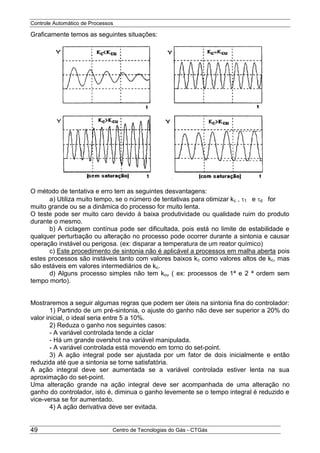 Controle Automático de Processos
Centro de Tecnologias do Gás - CTGás49
Graficamente temos as seguintes situações:
O método de tentativa e erro tem as seguintes desvantagens:
a) Utiliza muito tempo, se o número de tentativas para otimizar kc , 1 e d for
muito grande ou se a dinâmica do processo for muito lenta.
O teste pode ser muito caro devido à baixa produtividade ou qualidade ruim do produto
durante o mesmo.
b) A ciclagem contínua pode ser dificultada, pois está no limite de estabilidade e
qualquer perturbação ou alteração no processo pode ocorrer durante a sintonia e causar
operação instável ou perigosa. (ex: disparar a temperatura de um reator químico)
c) Este procedimento de sintonia não é aplicável a processos em malha aberta pois
estes processos são instáveis tanto com valores baixos kc como valores altos de kc, mas
são estáveis em valores intermediários de kc.
d) Alguns processo simples não tem kcu ( ex: processos de 1ª e 2 ª ordem sem
tempo morto).
Mostraremos a seguir algumas regras que podem ser úteis na sintonia fina do controlador:
1) Partindo de um pré-sintonia, o ajuste do ganho não deve ser superior a 20% do
valor inicial, o ideal seria entre 5 a 10%.
2) Reduza o ganho nos seguintes casos:
- A variável controlada tende a ciclar
- Há um grande overshot na variável manipulada.
- A variável controlada está movendo em torno do set-point.
3) A ação integral pode ser ajustada por um fator de dois inicialmente e então
reduzida até que a sintonia se torne satisfatória.
A ação integral deve ser aumentada se a variável controlada estiver lenta na sua
aproximação do set-point.
Uma alteração grande na ação integral deve ser acompanhada de uma alteração no
ganho do controlador, isto é, diminua o ganho levemente se o tempo integral é reduzido e
vice-versa se for aumentado.
4) A ação derivativa deve ser evitada.
 
