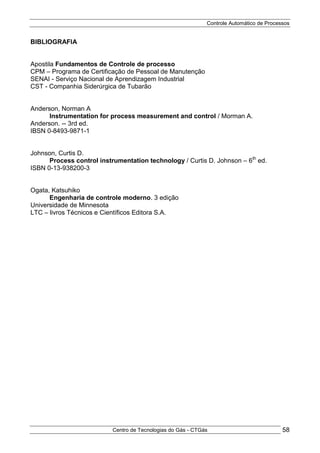 Controle Automático de Processos
Centro de Tecnologias do Gás - CTGás 58
BIBLIOGRAFIA
Apostila Fundamentos de Controle de processo
CPM – Programa de Certificação de Pessoal de Manutenção
SENAI - Serviço Nacional de Aprendizagem Industrial
CST - Companhia Siderúrgica de Tubarão
Anderson, Norman A
Instrumentation for process measurement and control / Morman A.
Anderson. -- 3rd ed.
IBSN 0-8493-9871-1
Johnson, Curtis D.
Process control instrumentation technology / Curtis D. Johnson – 6th
ed.
ISBN 0-13-938200-3
Ogata, Katsuhiko
Engenharia de controle moderno. 3 edição
Universidade de Minnesota
LTC – livros Técnicos e Científicos Editora S.A.
 