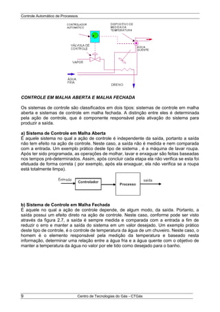 Controle Automático de Processos
Centro de Tecnologias do Gás - CTGás9
CONTROLE EM MALHA ABERTA E MALHA FECHADA
Os sistemas de controle são classificados em dois tipos: sistemas de controle em malha
aberta e sistemas de controle em malha fechada. A distinção entre eles é determinada
pela ação de controle, que é componente responsável pela ativação do sistema para
produzir a saída.
a) Sistema de Controle em Malha Aberta
É aquele sistema no qual a ação de controle é independente da saída, portanto a saída
não tem efeito na ação de controle. Neste caso, a saída não é medida e nem comparada
com a entrada. Um exemplo prático deste tipo de sistema , é a máquina de lavar roupa.
Após ter sido programada, as operações de molhar, lavar e enxaguar são feitas baseadas
nos tempos pré-determinados. Assim, após concluir cada etapa ela não verifica se esta foi
efetuada de forma correta ( por exemplo, após ela enxaguar, ela não verifica se a roupa
está totalmente limpa).
b) Sistema de Controle em Malha Fechada
É aquele no qual a ação de controle depende, de algum modo, da saída. Portanto, a
saída possui um efeito direto na ação de controle. Neste caso, conforme pode ser visto
através da figura 2.7, a saída é sempre medida e comparada com a entrada a fim de
reduzir o erro e manter a saída do sistema em um valor desejado. Um exemplo prático
deste tipo de controle, é o controle de temperatura da água de um chuveiro. Neste caso, o
homem é o elemento responsável pela medição da temperatura e baseado nesta
informação, determinar uma relação entre a água fria e a água quente com o objetivo de
manter a temperatura da água no valor por ele tido como desejado para o banho.
 