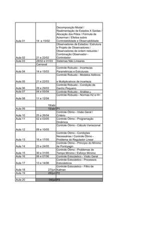 Decomposição Modal /
                          Realimentação de Estados X Saídas /
                          Alocação dos Pólos / Fórmula de
                          Ackerman / Efeitos sobre
Aula 01   14 e 15/02      Controlabilidade e Observabilidade
                          Observadores de Estados / Estrutura
                          e Projeto de Observadores /
                          Observadores de ordem reduzida /
                          Combinação Observador -
Aula 02   21 e 22/02      Controlador
Aula 03   28/02 e 01/03   Sistemas Não Lineares
          Carnaval
                          Controle Robusto - Incertezas
Aula 04   14 e 15/03      Paramétricas e Estruturais
                          Controle Robusto - Modelos Aditivos

Aula 05   21 e 22/03      e Multiplicativos de incerteza
                          Controle Robusto - Condição de
Aula 06   28 e 29/03      Ganho Pequeno
Aula 07   04 e 05/04      Controle Robusto - Análise µ
                          Controle Robusto - Normas H2 e H∞
Aula 08   11 e 12/04

                   18/abr
Aula 09            19/abr P1
                          Controle Ótimo - Visão Geral /
Aula 10   25 e 26/04      Critério
Aula 11   02 e 03/05      Controle Ótimo - Programação
                          Dinâmica
                          Controle Ótimo - Cálculo Variacional
Aula 12   09 e 10/05
                          Controle Ótimo - Condições
                          Necessárias / Controle Ótimo -
Aula 13   16 e 17/05      Problema do Regulador Linear
                          Controle Ótimo - Princípio do Mínimo
Aula 14   23 e 24/05      de Pontryagin
                          Controle Ótimo - Problemas de
Aula 15   30 e 31/05      Tempo Mínimo / Esforço Mínimo
Aula 16   06 e 07/06      Controle Estocástico - Visão Geral
                          Controle Estocástico - Processos
Aula 17   13 e 14/06      Estocásticos
                          Controle Estocástico - Filtro de
Aula 18            27/jun Kalman
Aula 19            28/jun P2

Aula 20             04/jul P3
 